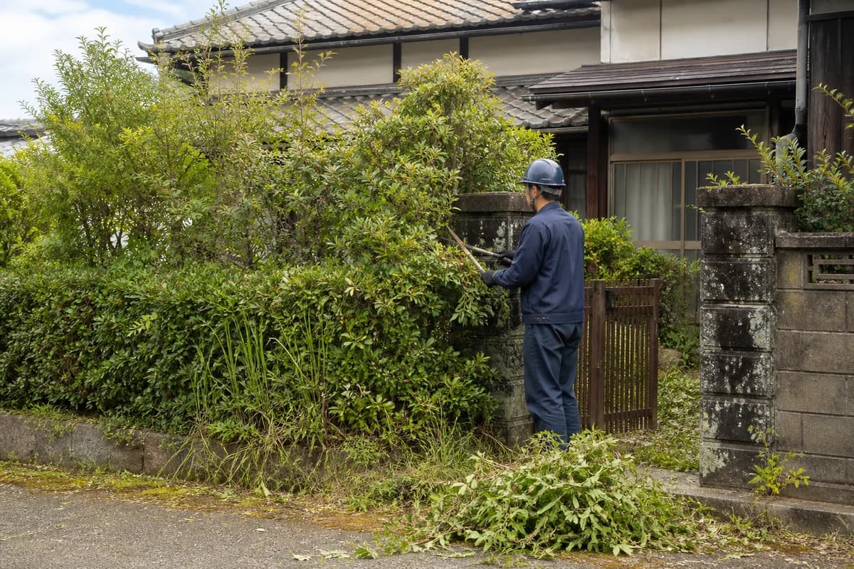 庭木が伸びた古い日本家屋で、生け垣を剪定する作業員のイメージ