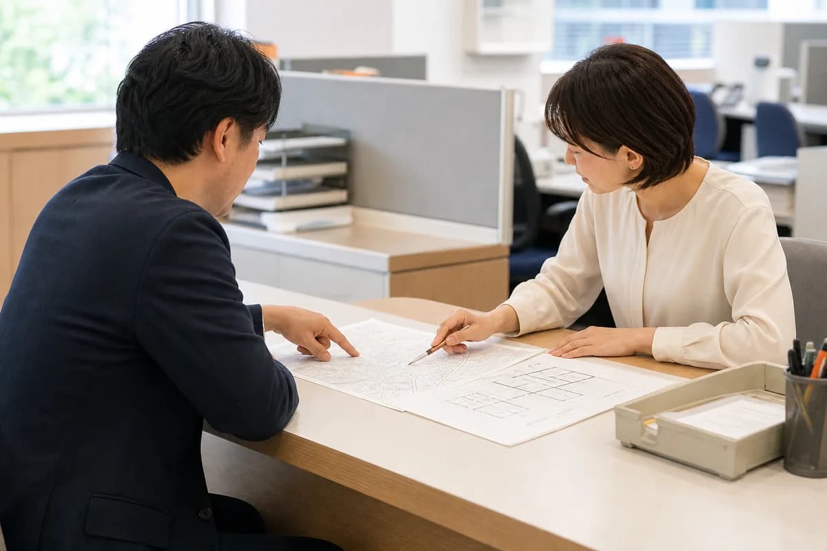 行政窓口で、物件担当者と職員が住宅資料を確認するイメージ