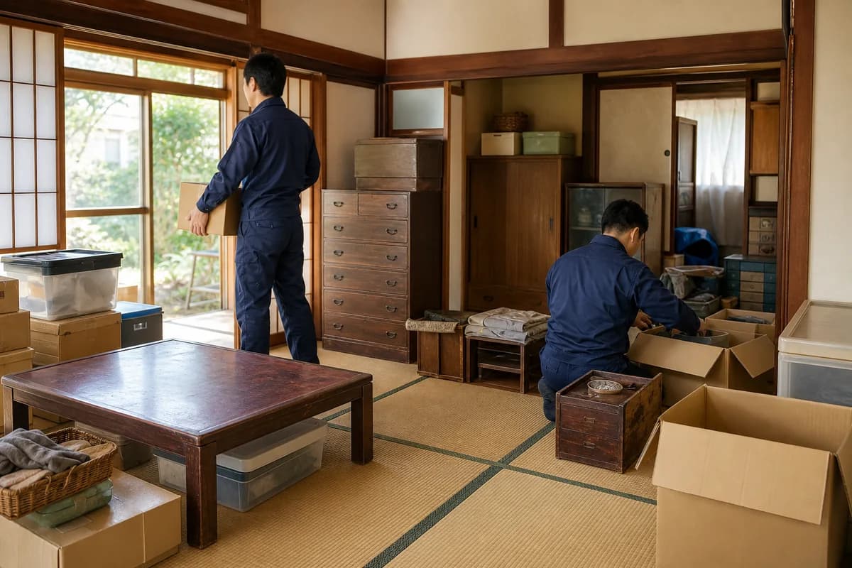 家財が残る築古住宅で、不用品を仕分けして搬出準備をする作業員のイメージ