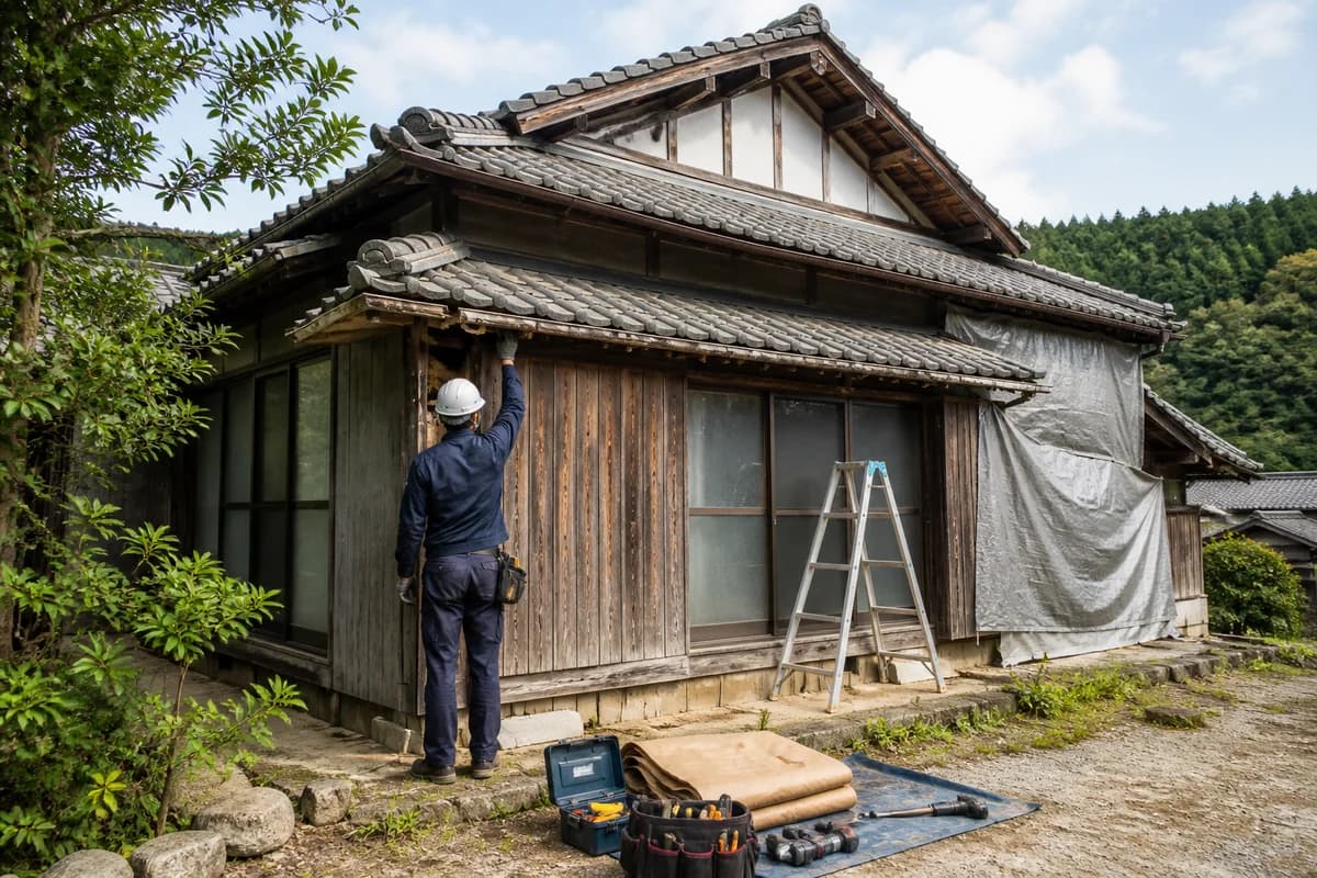 地方の古い日本家屋で、傷んだ外壁と軒先を点検する作業員のイメージ